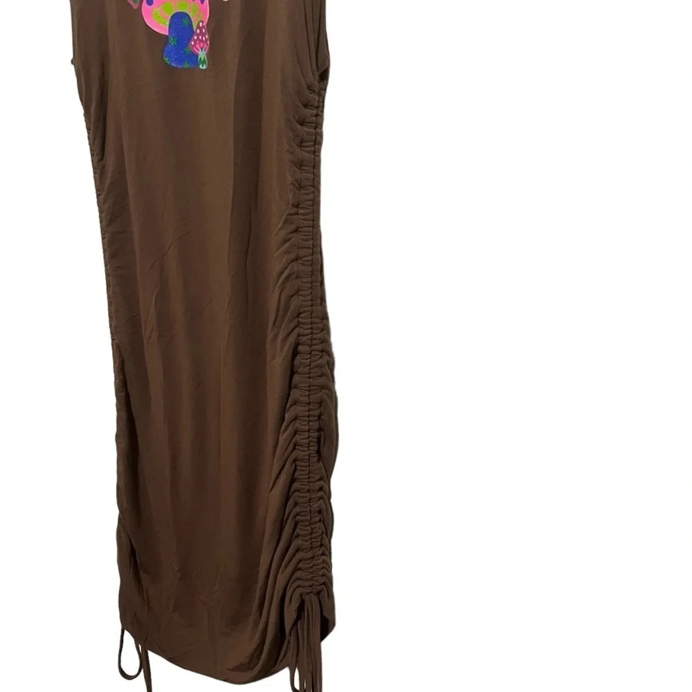 OMighty Brown Body-con Mushroom T-shirt Dress With Ruched Tie Sides Sz Small - Picture 4 of 8